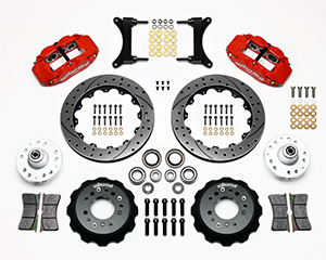 Wilwood Forged Narrow Superlite 6R Big Brake Front Brake Kit (Hub) Parts Laid Out - Red Powder Coat Caliper - SRP Drilled & Slotted Rotor