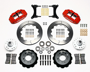 Wilwood Forged Narrow Superlite 6R Big Brake Front Brake Kit (Hub) Parts Laid Out - Red Powder Coat Caliper - GT Slotted Rotor