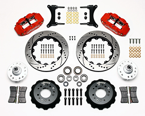 Wilwood Forged Narrow Superlite 6R Big Brake Front Brake Kit (Hub) Parts Laid Out - Red Powder Coat Caliper - SRP Drilled & Slotted Rotor