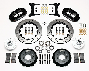 Wilwood Forged Narrow Superlite 6R Big Brake Front Brake Kit (Hub) Parts Laid Out - Black Powder Coat Caliper - SRP Drilled & Slotted Rotor