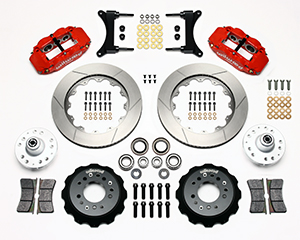 Wilwood Forged Narrow Superlite 6R Big Brake Front Brake Kit (Hub) Parts Laid Out - Red Powder Coat Caliper - GT Slotted Rotor