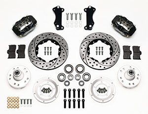 Wilwood Forged Dynalite Pro Series Front Brake Kit Parts Laid Out - Black Powder Coat Caliper - SRP Drilled & Slotted Rotor