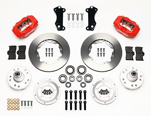 Wilwood Forged Dynalite Pro Series Front Brake Kit Parts Laid Out - Red Powder Coat Caliper - Plain Face Rotor