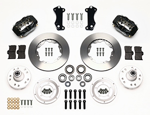 Wilwood Forged Dynalite Pro Series Front Brake Kit Parts Laid Out - Black Powder Coat Caliper - Plain Face Rotor