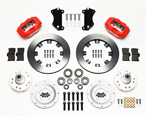 Wilwood Forged Dynalite Big Brake Front Brake Kit (Hub) Parts Laid Out - Red Powder Coat Caliper - Plain Face Rotor