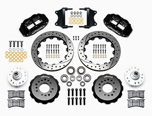 Wilwood Forged Narrow Superlite 6R Big Brake Front Brake Kit (Hub) Parts Laid Out - Black Powder Coat Caliper - SRP Drilled & Slotted Rotor