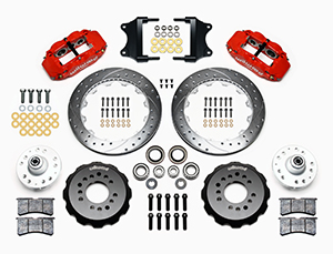 Wilwood Forged Narrow Superlite 6R Big Brake Front Brake Kit (Hub) Parts Laid Out - Red Powder Coat Caliper - SRP Drilled & Slotted Rotor