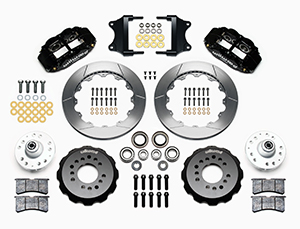 Wilwood Forged Narrow Superlite 6R Big Brake Front Brake Kit (Hub) Parts Laid Out - Black Powder Coat Caliper - GT Slotted Rotor