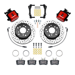 Wilwood Combination Parking Brake Caliper 1Pc Rotor Rear Brake Kit Parts Laid Out - Red Powder Coat Caliper - SRP Drilled & Slotted Rotor