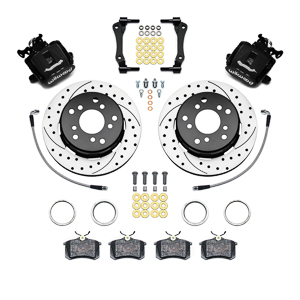 Wilwood Combination Parking Brake Caliper 1Pc Rotor Rear Brake Kit Parts Laid Out - Black Powder Coat Caliper - SRP Drilled & Slotted Rotor