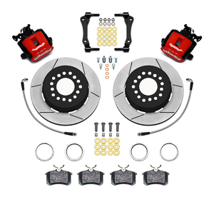 Wilwood Combination Parking Brake Caliper 1Pc Rotor Rear Brake Kit Parts Laid Out - Red Powder Coat Caliper - GT Slotted Rotor