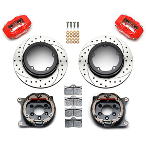 Wilwood Forged Dynalite Rear Parking Brake Kit Parts Laid Out - Red Powder Coat Caliper - SRP Drilled & Slotted Rotor