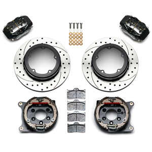 Wilwood Forged Dynalite Rear Parking Brake Kit Parts Laid Out - Black Powder Coat Caliper - SRP Drilled & Slotted Rotor