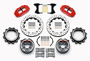 Wilwood Forged Narrow Superlite 4R Big Brake Rear Parking Brake Kit Parts Laid Out - Red Powder Coat Caliper - SRP Drilled & Slotted Rotor