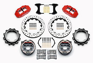 Wilwood Forged Narrow Superlite 4R Big Brake Rear Parking Brake Kit Parts Laid Out - Red Powder Coat Caliper - SRP Drilled & Slotted Rotor