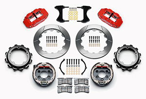 Wilwood Forged Narrow Superlite 4R Big Brake Rear Parking Brake Kit Parts Laid Out - Red Powder Coat Caliper - GT Slotted Rotor