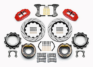 Wilwood Forged Narrow Superlite 4R Big Brake Rear Parking Brake Kit Parts Laid Out - Red Powder Coat Caliper - SRP Drilled & Slotted Rotor