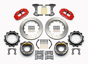 Wilwood Forged Narrow Superlite 4R Big Brake Rear Parking Brake Kit Parts Laid Out - Red Powder Coat Caliper - GT Slotted Rotor