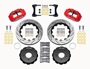 Wilwood Forged Narrow Superlite 6R Big Brake Front Brake Kit (Hat) Parts Laid Out - Red Powder Coat Caliper - SRP Drilled & Slotted Rotor