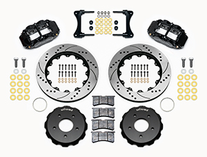 Wilwood Forged Narrow Superlite 6R Big Brake Front Brake Kit (Hat) Parts Laid Out - Black Powder Coat Caliper - SRP Drilled & Slotted Rotor