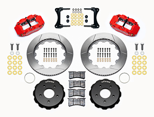 Wilwood Forged Narrow Superlite 6R Big Brake Front Brake Kit (Hat) Parts Laid Out - Red Powder Coat Caliper - GT Slotted Rotor