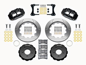 Wilwood Forged Narrow Superlite 6R Big Brake Front Brake Kit (Hat) Parts Laid Out - Black Powder Coat Caliper - GT Slotted Rotor