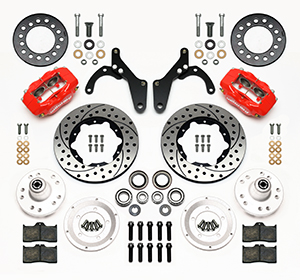 Wilwood Forged Dynalite Pro Series Front Brake Kit Parts Laid Out - Red Powder Coat Caliper - SRP Drilled & Slotted Rotor