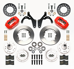 Wilwood Forged Dynalite Pro Series Front Brake Kit Parts Laid Out - Red Powder Coat Caliper - Plain Face Rotor