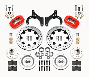 Wilwood Forged Dynalite Big Brake Front Brake Kit (Hub) Parts Laid Out - Red Powder Coat Caliper - SRP Drilled & Slotted Rotor