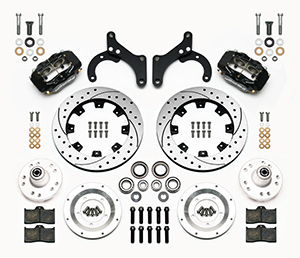 Wilwood Forged Dynalite Big Brake Front Brake Kit (Hub) Parts Laid Out - Black Powder Coat Caliper - SRP Drilled & Slotted Rotor