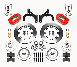 Wilwood Forged Dynalite Big Brake Front Brake Kit (Hub) Parts Laid Out - Red Powder Coat Caliper - Plain Face Rotor