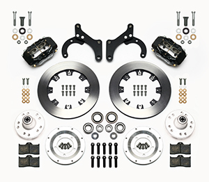 Wilwood Forged Dynalite Big Brake Front Brake Kit (Hub) Parts Laid Out - Black Powder Coat Caliper - Plain Face Rotor