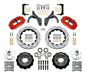 Wilwood Forged Narrow Superlite 6R Big Brake Front Brake Kit (Hub) Parts Laid Out - Red Powder Coat Caliper - SRP Drilled & Slotted Rotor