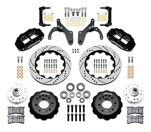 Wilwood Forged Narrow Superlite 6R Big Brake Front Brake Kit (Hub) Parts Laid Out - Black Powder Coat Caliper - SRP Drilled & Slotted Rotor