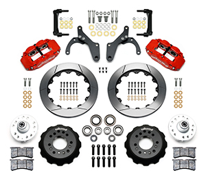 Wilwood Forged Narrow Superlite 6R Big Brake Front Brake Kit (Hub) Parts Laid Out - Red Powder Coat Caliper - GT Slotted Rotor