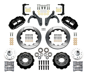 Wilwood Forged Narrow Superlite 6R Big Brake Front Brake Kit (Hub) Parts Laid Out - Black Powder Coat Caliper - GT Slotted Rotor