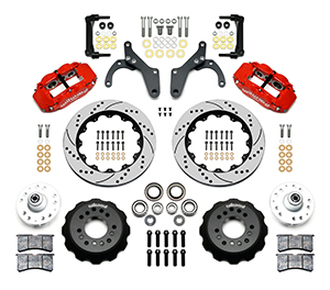 Wilwood Forged Narrow Superlite 6R Big Brake Front Brake Kit (Hub) Parts Laid Out - Red Powder Coat Caliper - SRP Drilled & Slotted Rotor