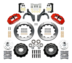 Wilwood Forged Narrow Superlite 6R Big Brake Front Brake Kit (Hub) Parts Laid Out - Red Powder Coat Caliper - GT Slotted Rotor