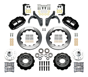 Wilwood Forged Narrow Superlite 6R Big Brake Front Brake Kit (Hub) Parts Laid Out - Black Powder Coat Caliper - GT Slotted Rotor