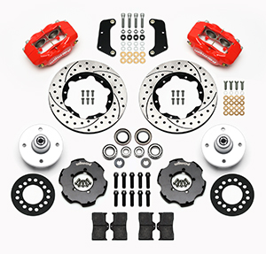 Wilwood Forged Dynalite Pro Series Front Brake Kit Parts Laid Out - Red Powder Coat Caliper - SRP Drilled & Slotted Rotor