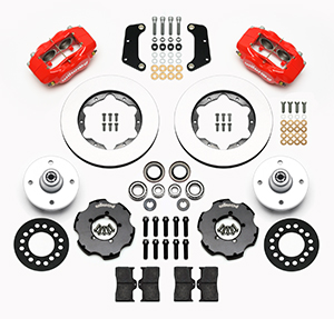 Wilwood Forged Dynalite Pro Series Front Brake Kit Parts Laid Out - Red Powder Coat Caliper - Plain Face Rotor