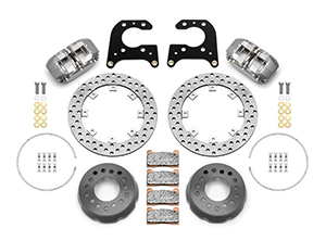 Wilwood Dynapro SA Lug Drive Dynamic Rear Drag Brake Kit Parts Laid Out - Type III Anodize Caliper - Drilled Rotor