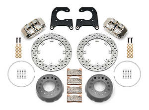 Wilwood Dynapro SA Lug Drive Dynamic Rear Drag Brake Kit Parts Laid Out - Nickel Plate Caliper - Drilled Rotor