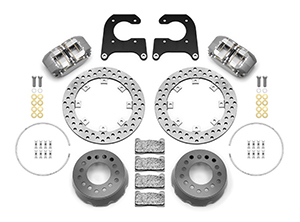 Wilwood Dynapro SA Lug Drive Dynamic Rear Drag Brake Kit Parts Laid Out - Type III Anodize Caliper - Drilled Rotor