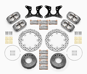 Wilwood Dynapro Dual SA Lug Drive Dynamic Rear Drag Brake Kit Parts Laid Out - Type III Anodize Caliper - Drilled Rotor