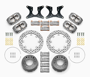 Wilwood Dynapro Dual SA Lug Drive Dynamic Rear Drag Brake Kit Parts Laid Out - Type III Anodize Caliper - Drilled Rotor