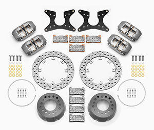 Wilwood Dynapro Dual SA Lug Drive Dynamic Rear Drag Brake Kit Parts Laid Out - Type III Anodize Caliper - Drilled Rotor