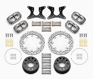 Wilwood Dynapro Dual SA Lug Drive Dynamic Rear Drag Brake Kit Parts Laid Out - Type III Anodize Caliper - Drilled Rotor