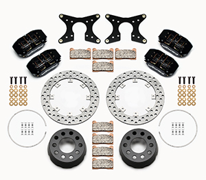 Wilwood Dynapro Dual SA Lug Drive Dynamic Rear Drag Brake Kit Parts Laid Out - Type III Anodize Caliper - Drilled Rotor