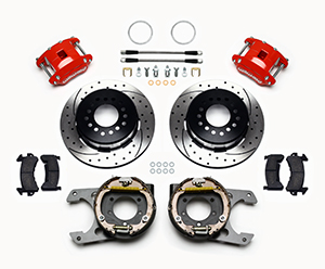 Wilwood D154 Rear Parking Brake Kit Parts Laid Out - Red Powder Coat Caliper - SRP Drilled & Slotted Rotor